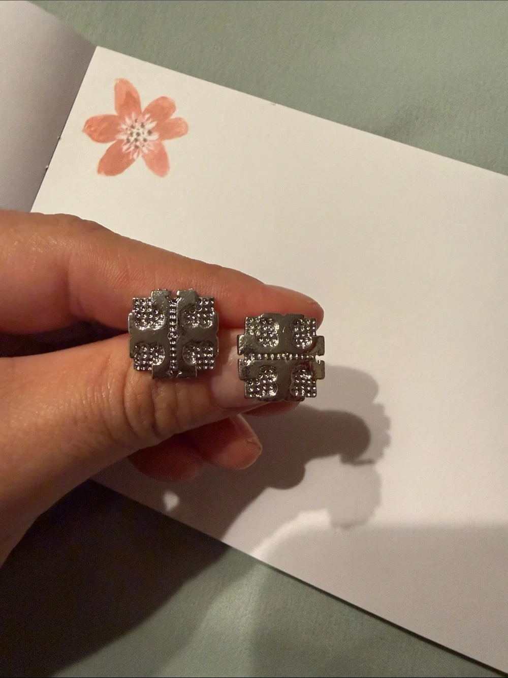 Tory Burch Silver Crystal Logo Square Stud Earrings